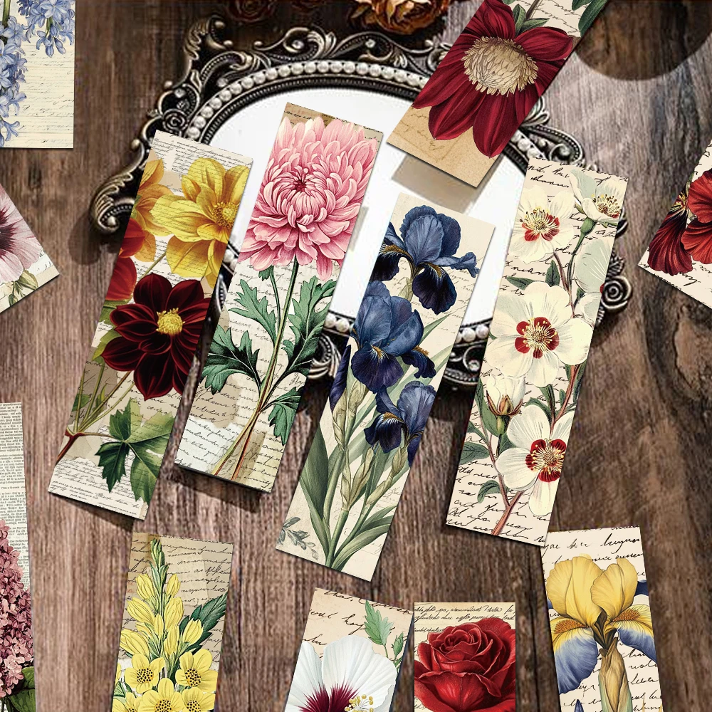 30pcs Vintage Floral Flower Bookmarks Student Reading Books Labeled School Stationary Supplies Aesthetic Bookmark Creative Gift