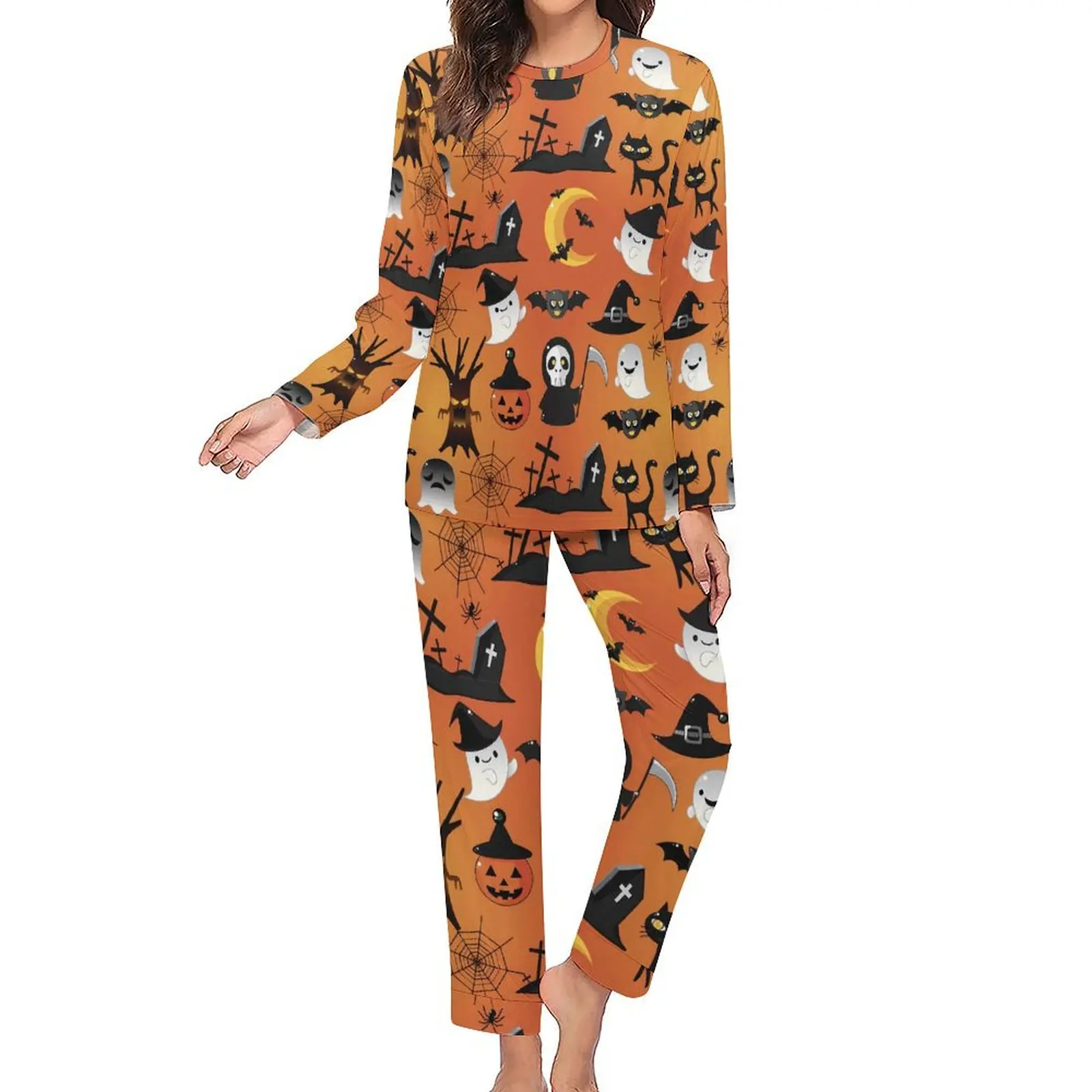 Happy Haunts Pajamas Womens Cartoon Halloween Kawaii Nightwear Autumn Two Piece Casual Loose Oversized Pajama Sets