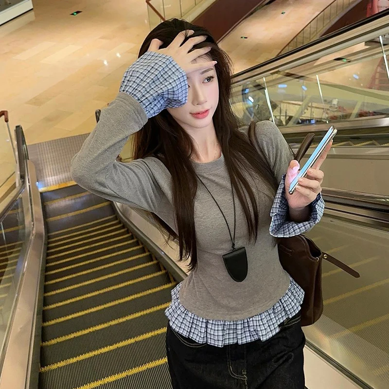 Plaid Patchwork Fake Two-Piece Long Sleeves Round Neck Casual All-match Chic Tops