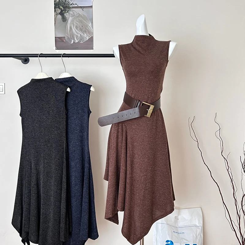 

Belt Turtleneck Irregular Dress Women Sleeveless Slim-fit Midi Dress Female 2026 New Stretch Solid Color Coffee Grey Long Dress