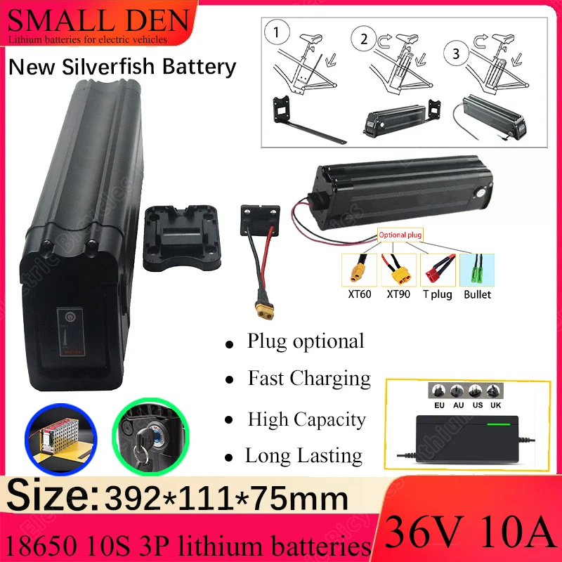 

Silver Fish New 36V 10Ah 18650 10S-3P removable Lithium battery pack built-in BMS For 250W-1000W Folding E-two wheeler