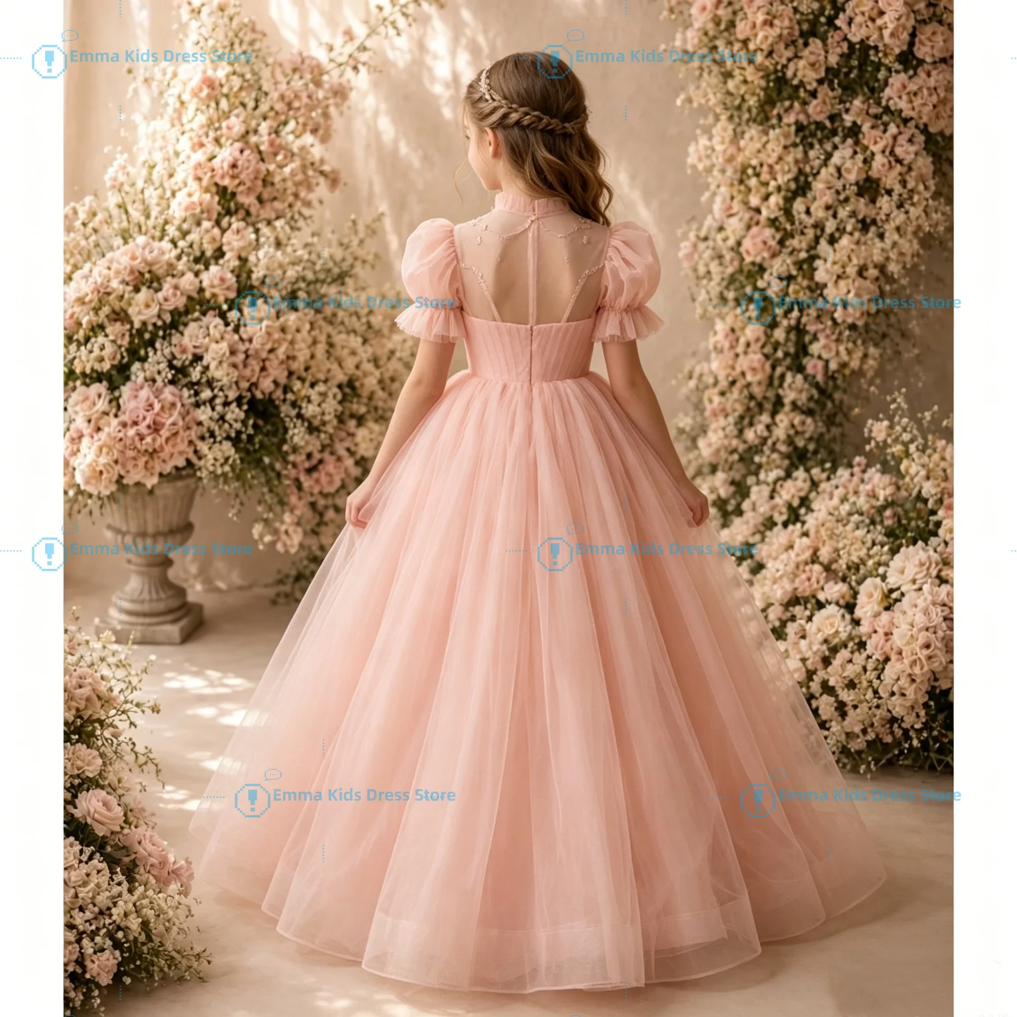 

Custom flower girl dress, puff short sleeves, high neck, tulle, wedding, first communion, fluffy, elegant
