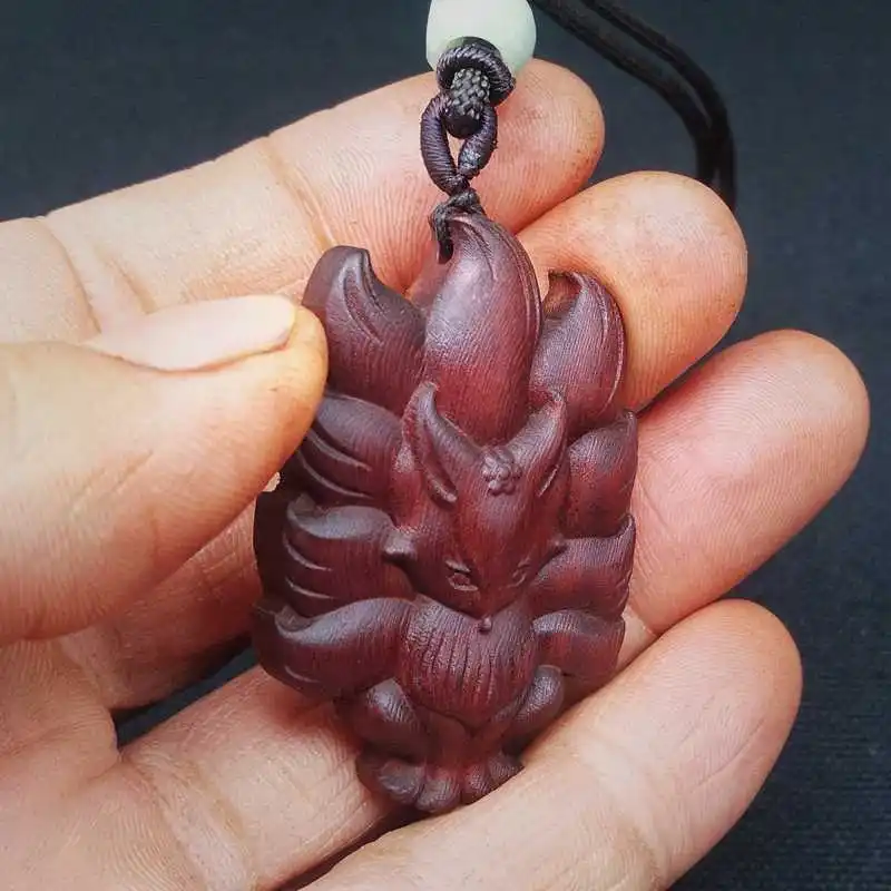 Chinese Style Hand Carved Natural Red Sandalwood Nine Tailed Fox Pendant Lucky Amulet Necklace Keychain Unisex Jewelry For Bless