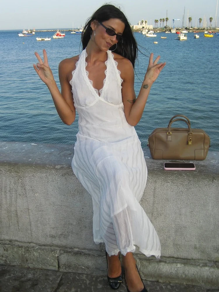 Trendix Boho Backless Beach Dress Women Halter Neck Casual Vacation Midi Dress 2026 Summer Sexy Hollow Out Sleeveless Dresses