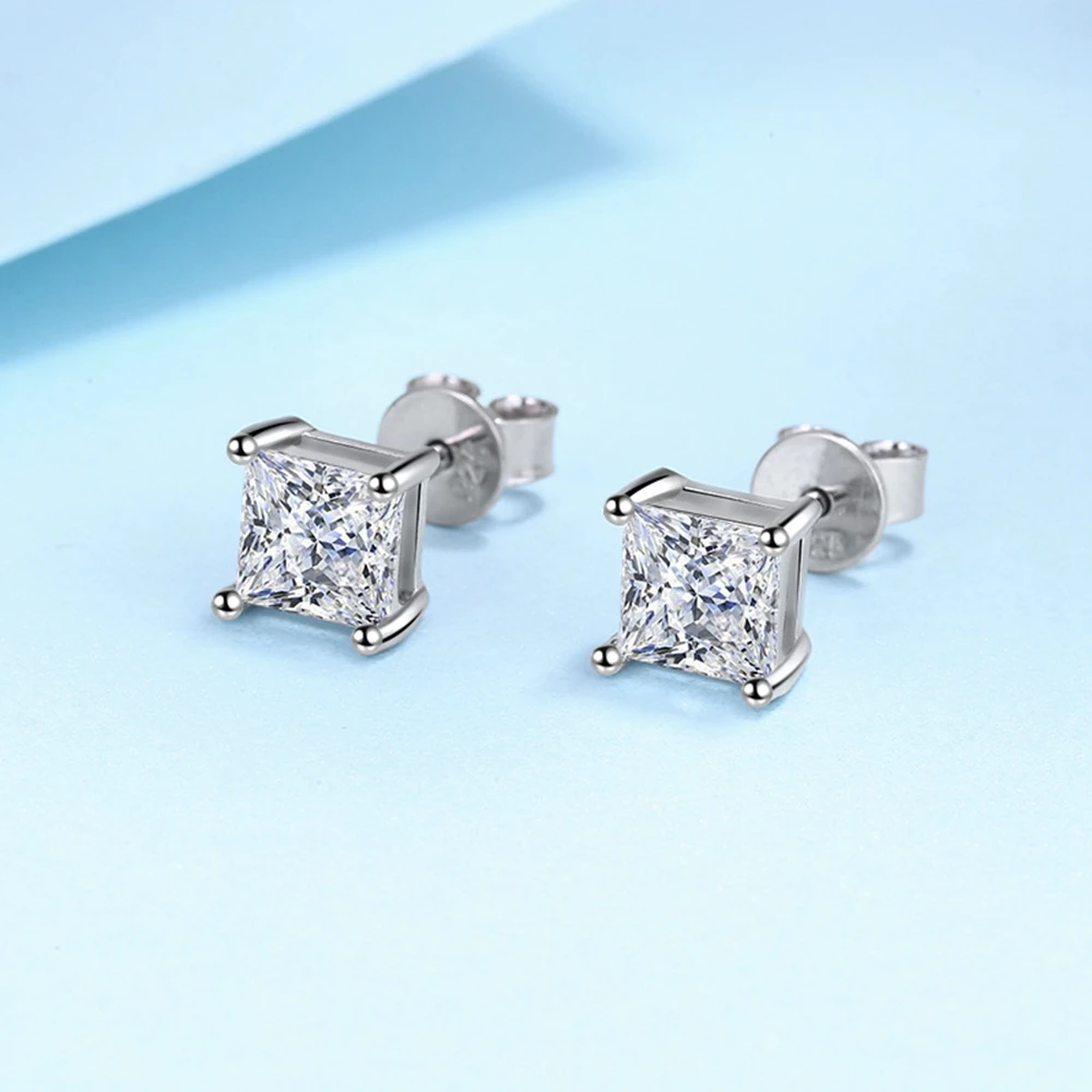 PuBang Fine Jewelry 925 Sterling Silver Princess Cut Moissanite Diamond Simple Stud Earrings for Women Party Gifts Free Shipping