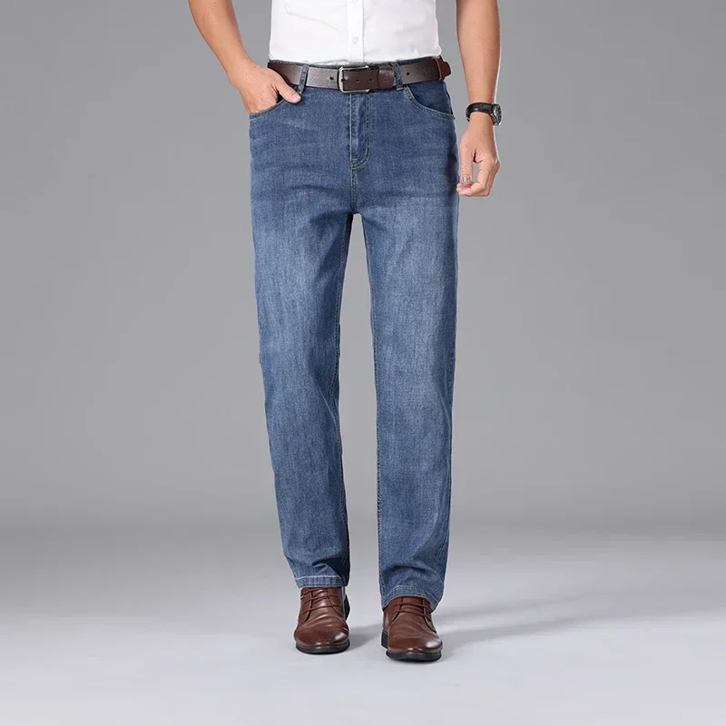 2026 Summer Brand Clothing Men's Straight Loose Lightweight Jeans Classic Badge Business Casual Thin Cotton Stretch Pants