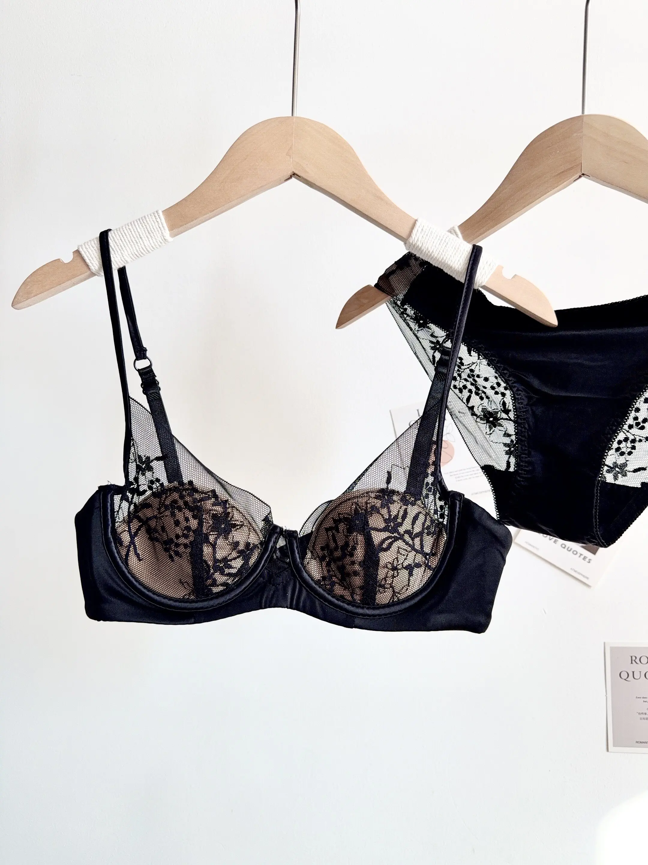 Conjunto de Lencería de Encaje Cómodo para Mujer, Sujetador con Aros Suaves, Copa Delgada, Push-Up, Transpirable, Ropa Interior para Mujeres con Busto Pequeño