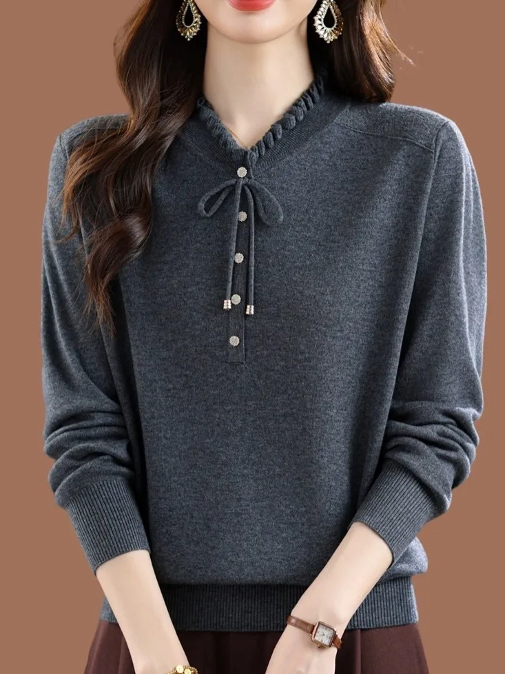 

Mom's Knitted Wool Sweater Long Sve V-Ne Wood ain Casual Sle Soft Fabric Comfortable Warmth ential Knitwear