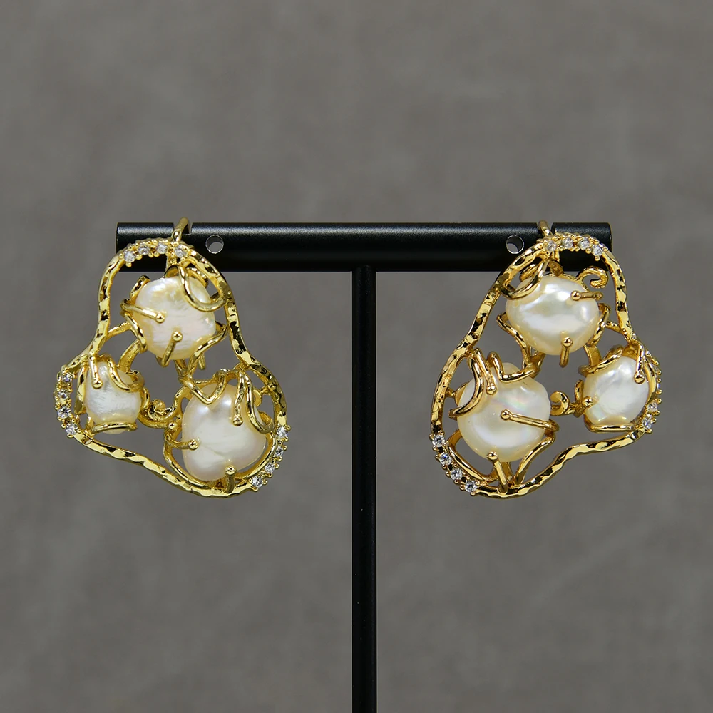 G-G  Freshwater Cultured White Keshi Pearl Big Hook Earrings