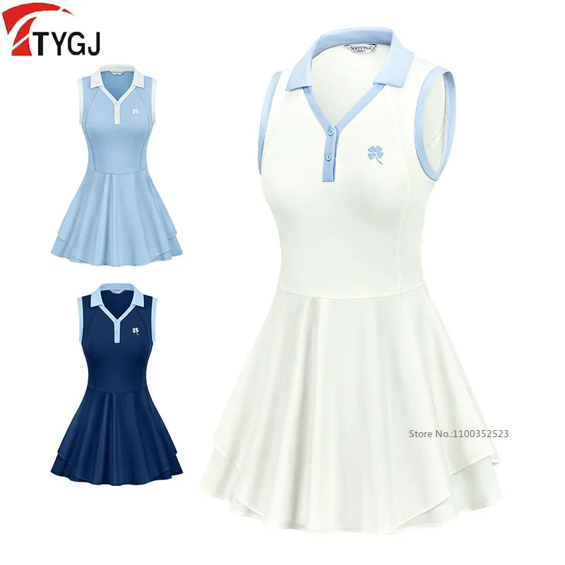 

TTYGJ Summer Women Tennis Golf Dress V-Neck Polo Sports Golf Dress Sleeveless Ruffle Pleated Workout Skirts with Inner Short