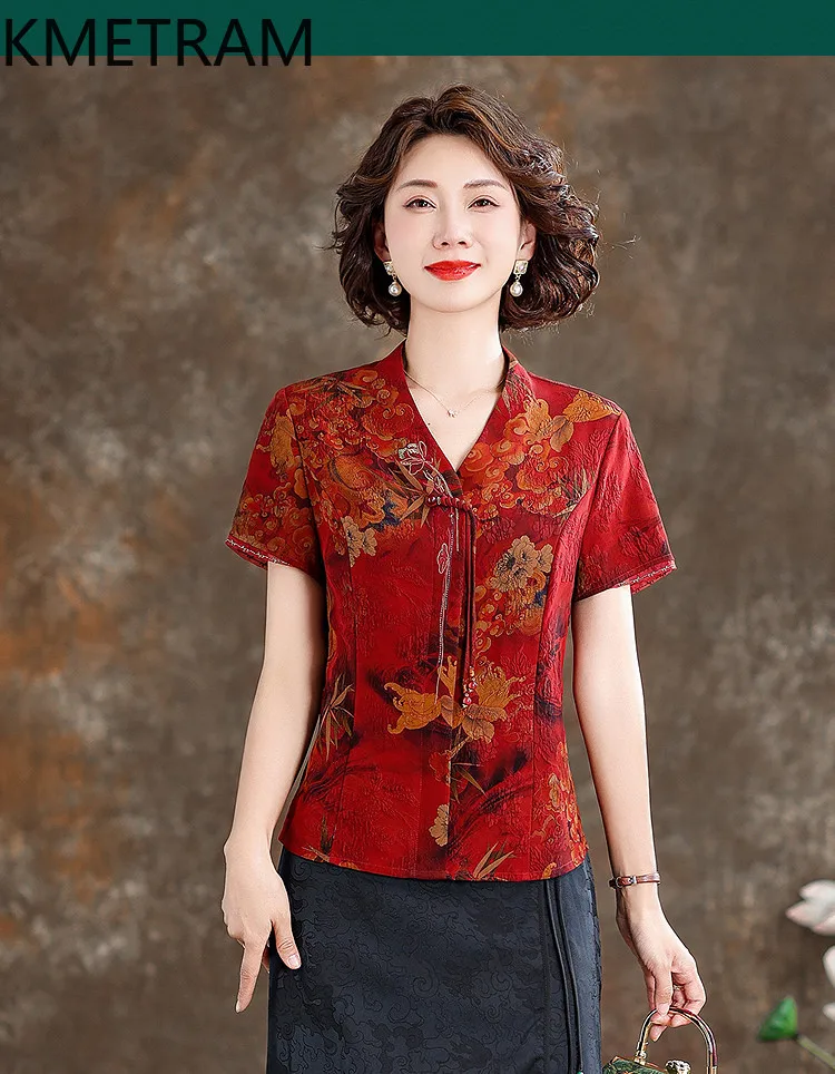 KMETRAM 100% Mulberry Silk Women T Shirts 35MM Silk Xiangyunsha 2026 Summer Elegant Floral-pattern Short-sleeved Tops Ropa Mujer