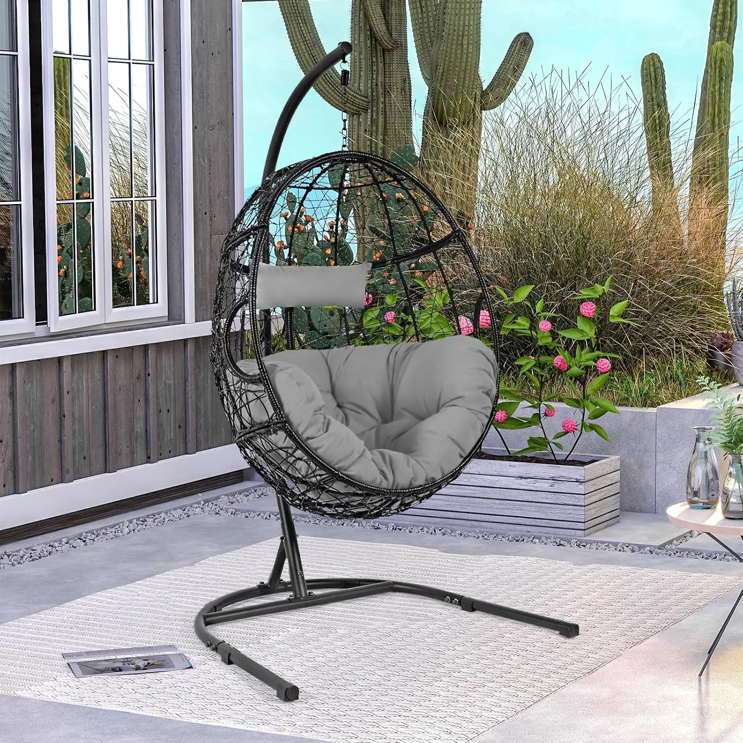 PE Wicker Hanging Egg Chair with Stand & Cushion, All-Weather Indoor Outdoor Patio Balcony Bedroom Swing Chair, Customized
