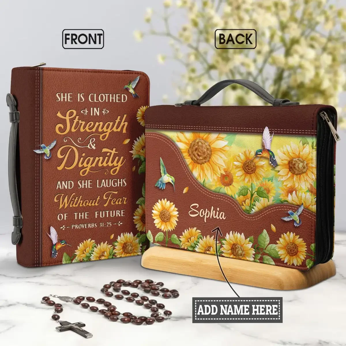 Bible Hymn Print PU Bible Storage Bag Sunflower Hummingbird Design Zippered Handle HandbagPortable Study Book Holy Storage Boxes