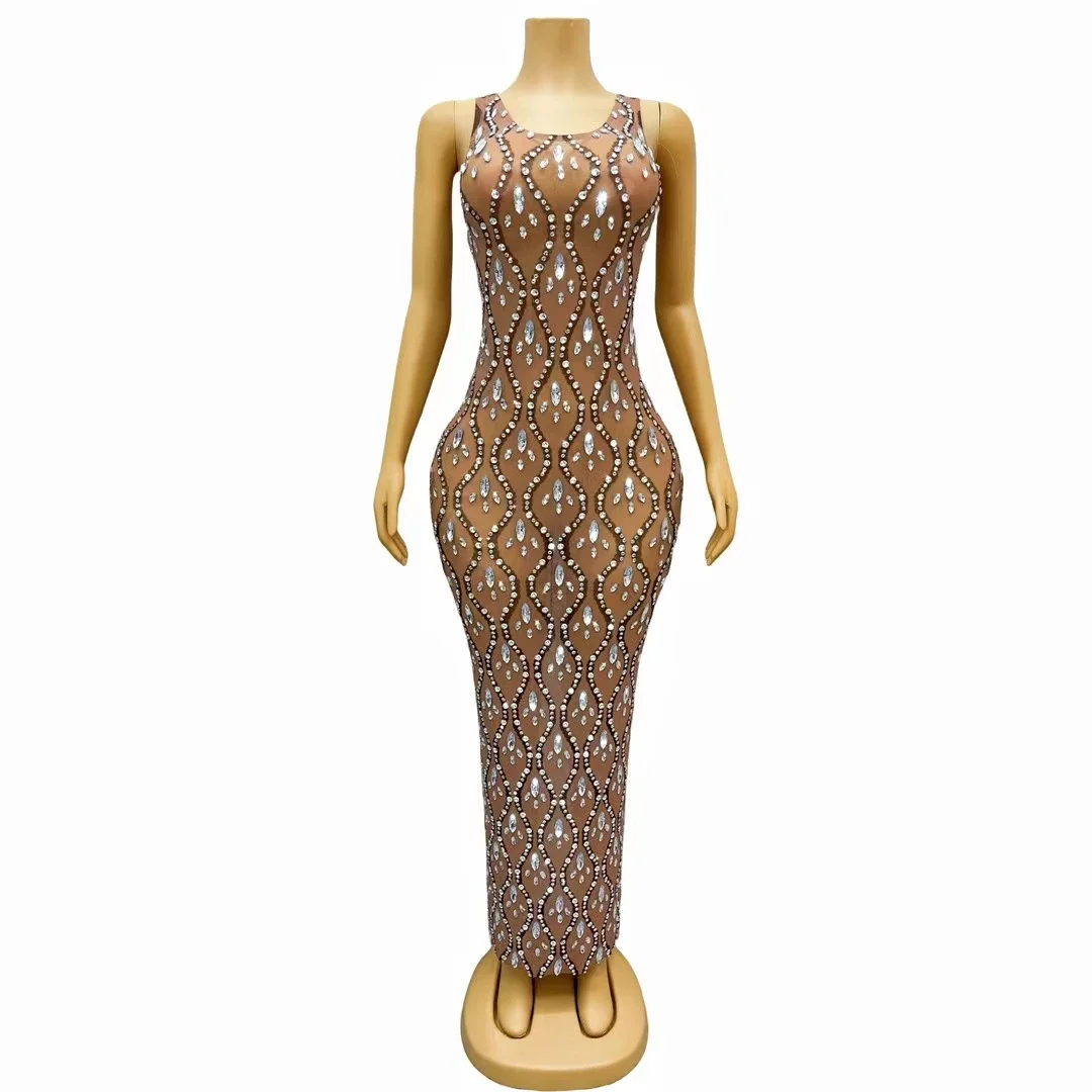 Women Sparkly Crystals Sequin Sleeveless Long Evening Prom Party Birthday Transparent Show Stage Wear Sexy Mesh Rhinestone Dress