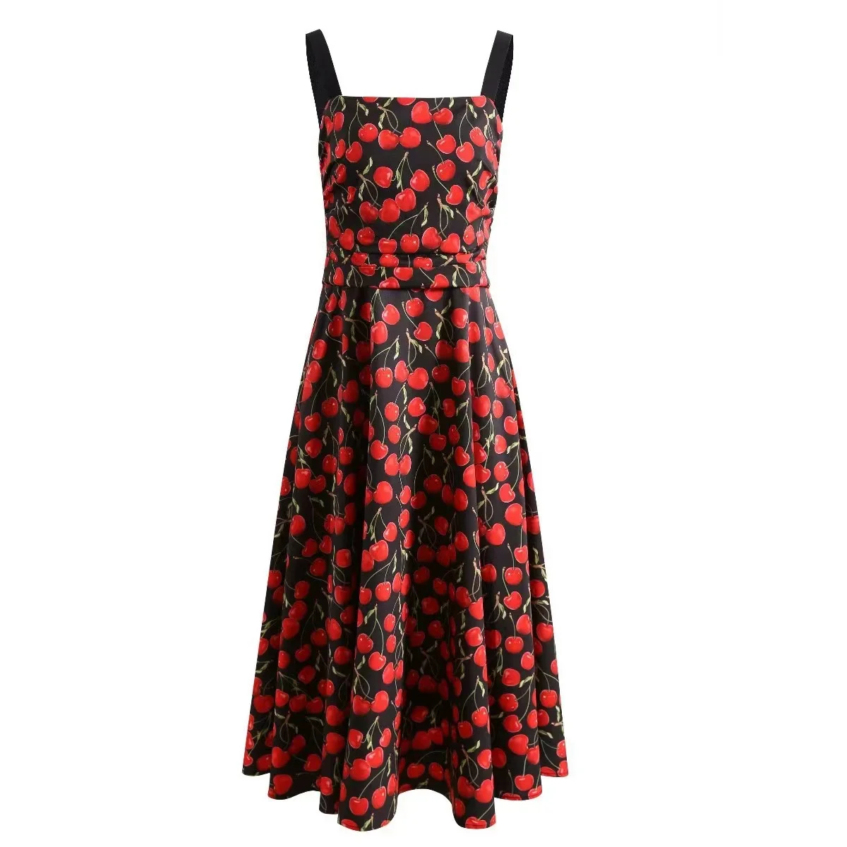 

New fashionable women's dress digital printing cherry suspender swinging dress waist fold design small dress medium length dress