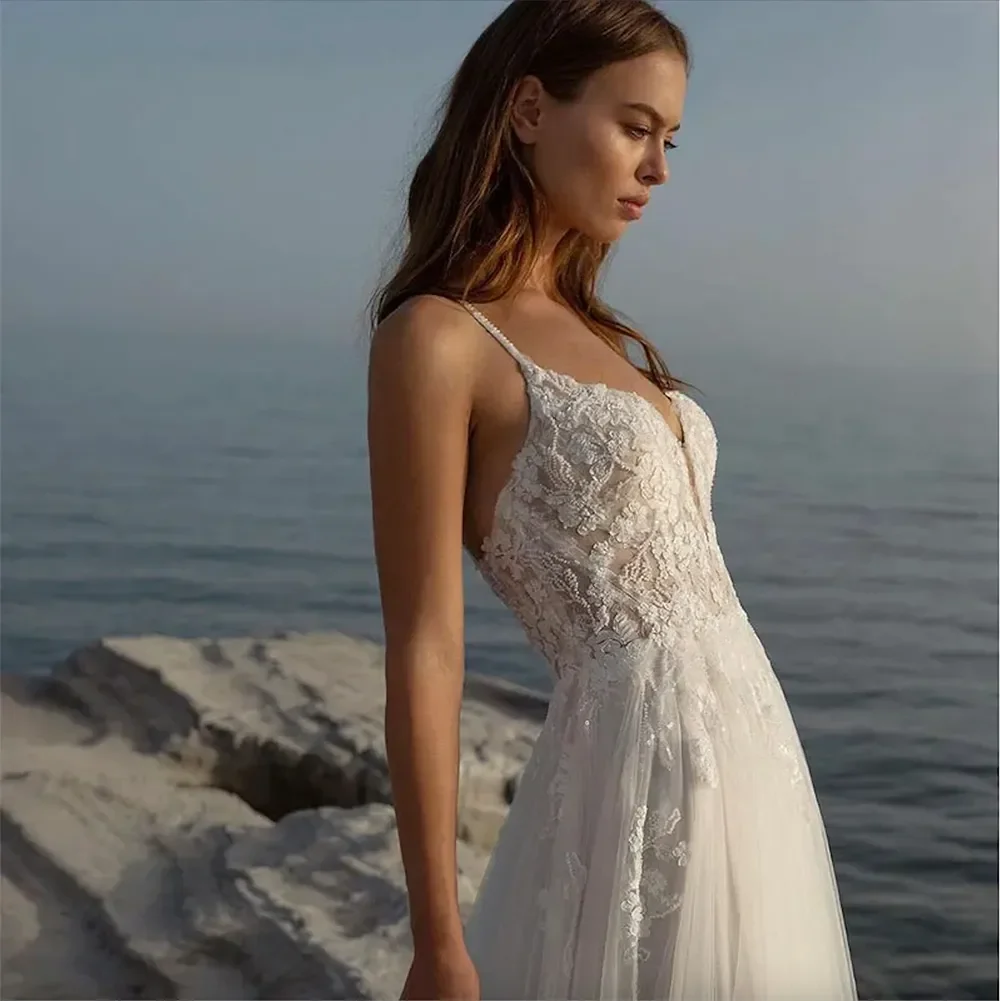 Sexy Back Cross Summer Beach Wedding Dress Lace Tulle full dress women's Evening dress Customization