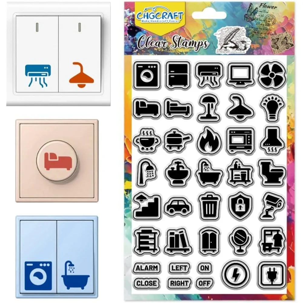 1Sheet Switch Icons Print Pattern Clear Stamps Light and Electrical ApplianceIcons Transparent Embossing Stamp Seal 6.3×4.3Inch