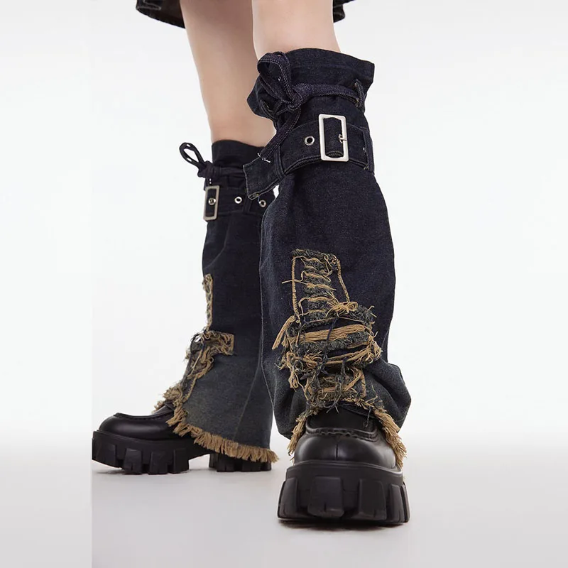 Calentadores de piernas de mezclilla desgastados para mujer, calcetines largos rasgados con bordes de estilo Punk Rock y ropa de calle, puños de botas Casuales