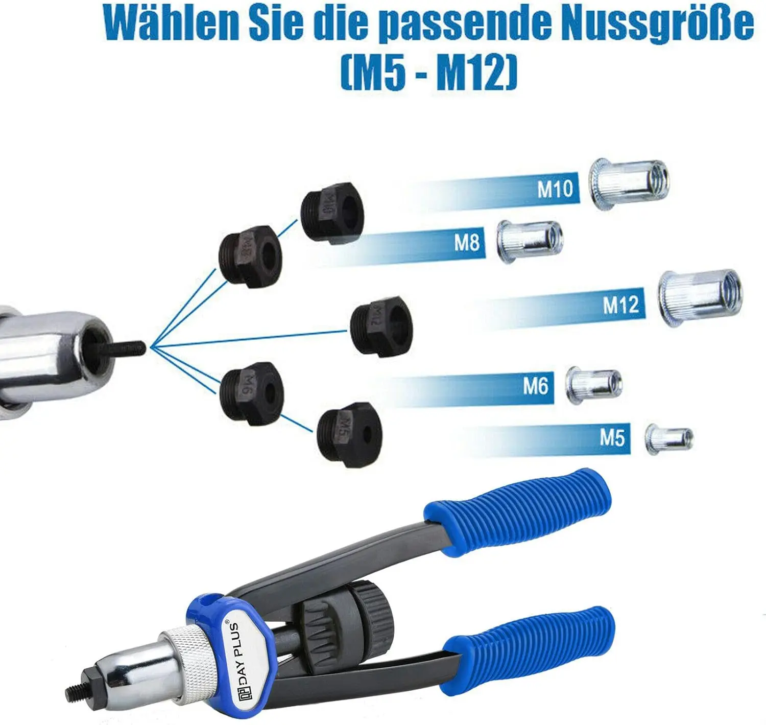 DayPlus Profi Nietmutternzange Set Blindnietzange Set Nietenmaschine Gewinde Nut Rivets M5 - M12 Werkzeug mit 150 Nietmuttern