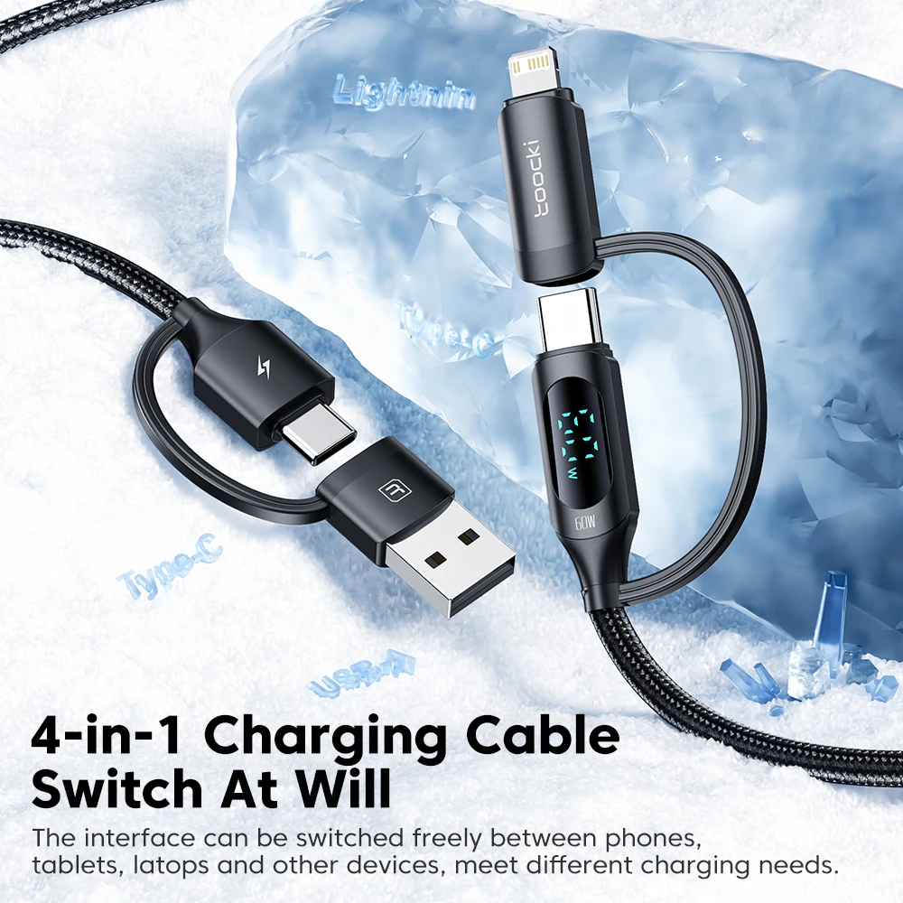Toocki 4 in 1 USB and Type C Cable to USB C and iP Data Cord PD60W LED Display Fast Charging USB A Wire for iPhone Xiaomi Tablet