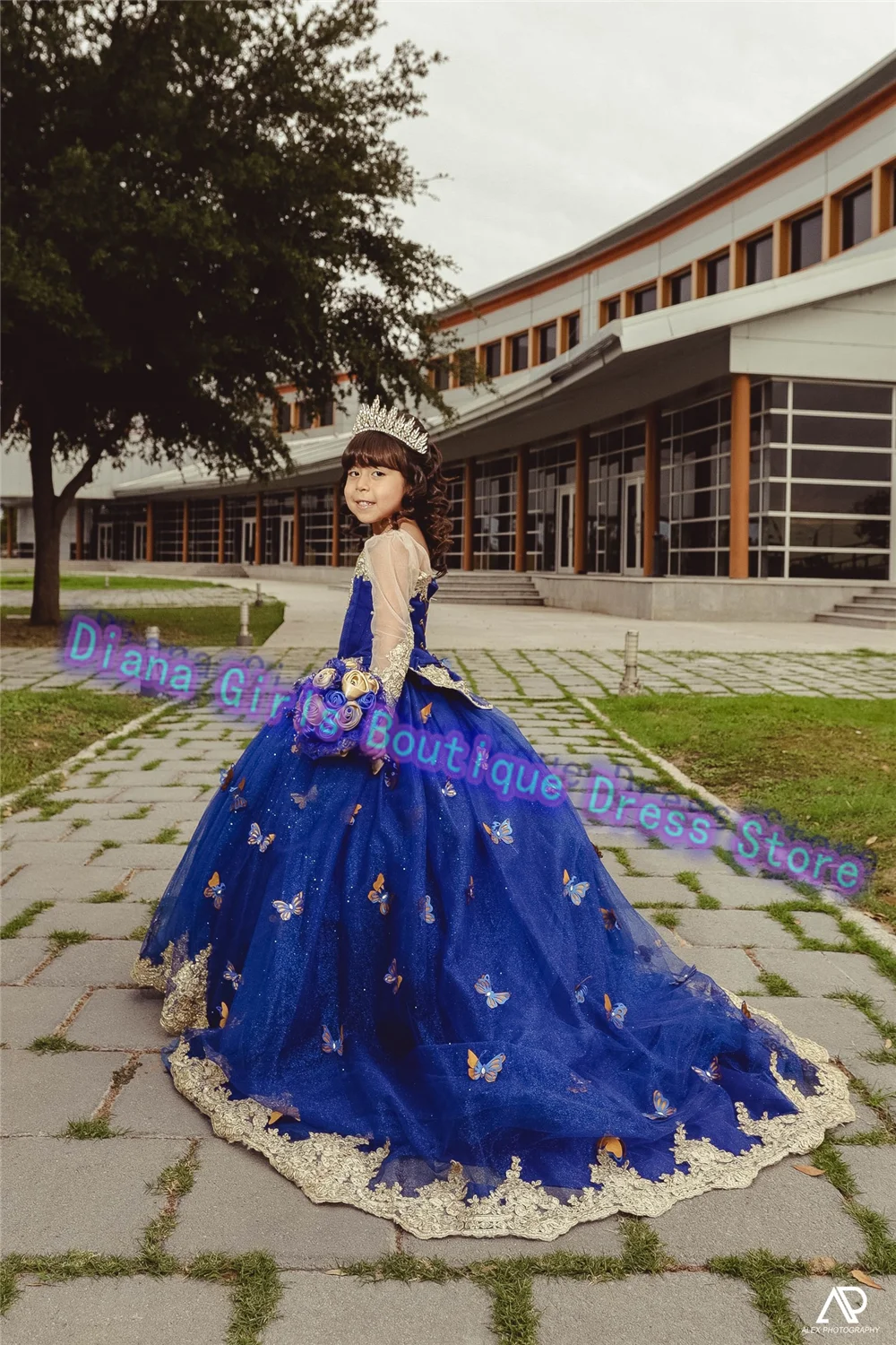 Gorgeous Flower Girl Dress Blue Tulle Fluffy With Gold Printing Butterfly Decal Wedding Kids Birthday Party Customise Gowns