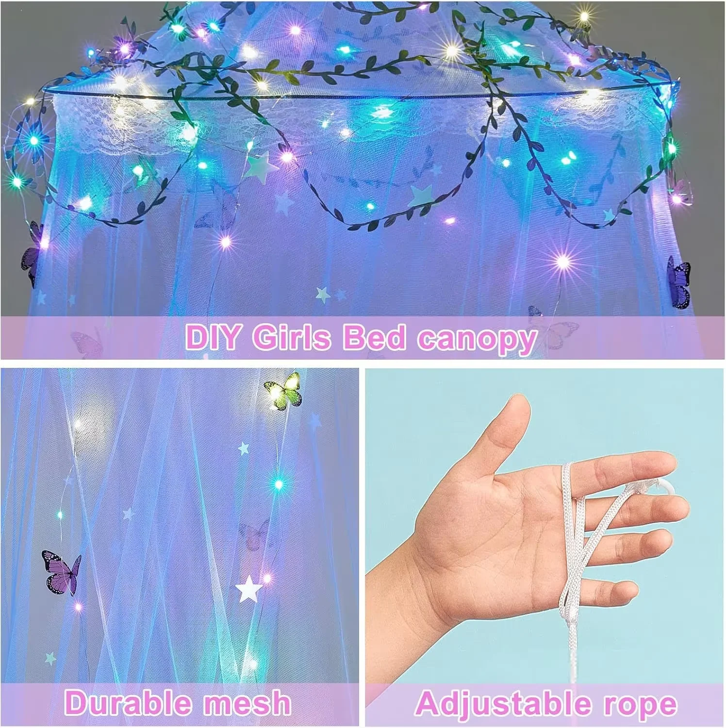 Installation-free dome-style mosquito net (with colorful bed curtain and light strip)