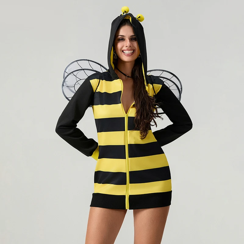 Women s Halloween Cosplay Bee Costume Bee Queen Halloween Party Cosplay Hooded Dress and Wings Set Fancy Costume