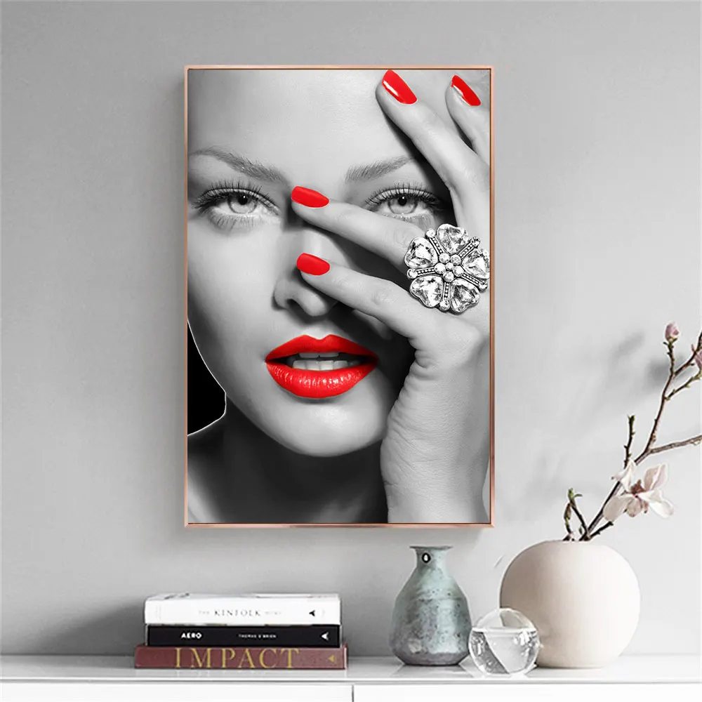 Modern Fashionable Makeup Women Posters Canvas Print Wall Art Red Lips and Manicure Painting for Living Room Home Decoration