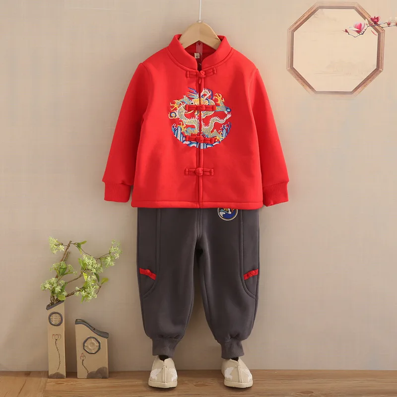 Chinese Style Children's Tang Suit Plush Suit For Celebrating The New Year, Baby Clothes For New Year's Greetings, Boys' Chinese