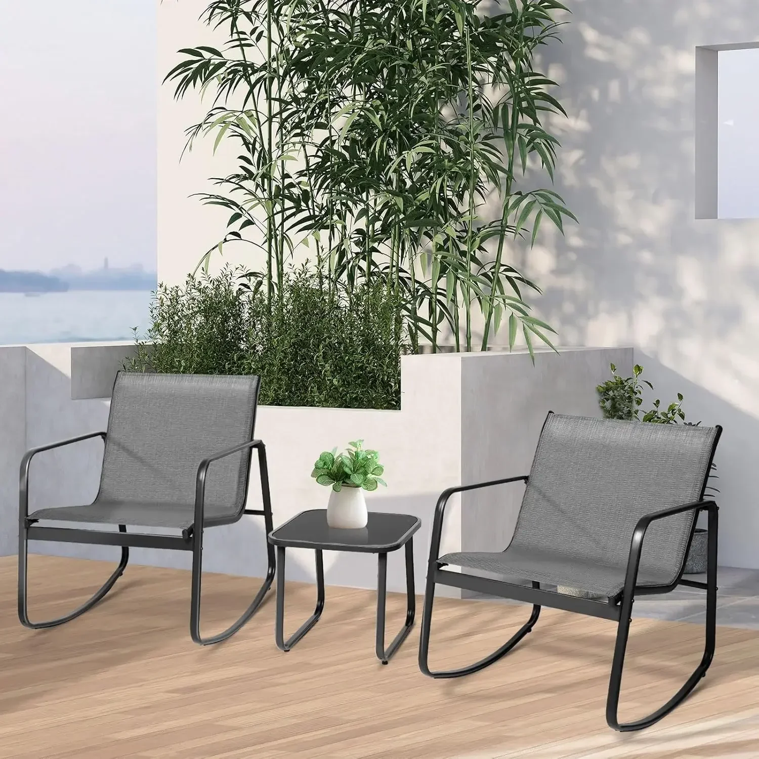 Rocking Bistro Set, Textilene Outdoor Furniture Set with  Rocking Chair & Glass Coffee Table