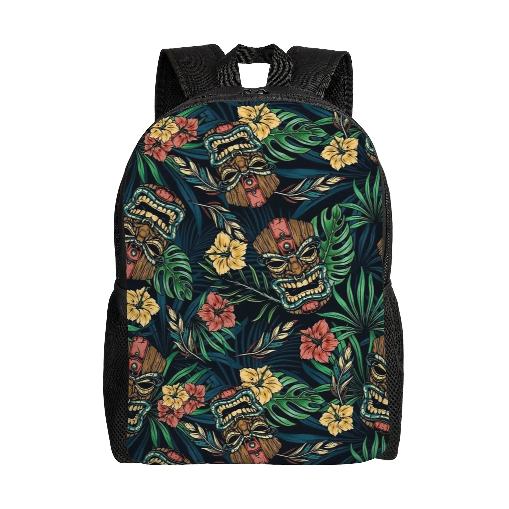 

Hawaiian Tropical Plants, Tiki Idols & Hibiscus Floral Backpack Boy Polyester Trekking Backpacks Print Stylish School Bags