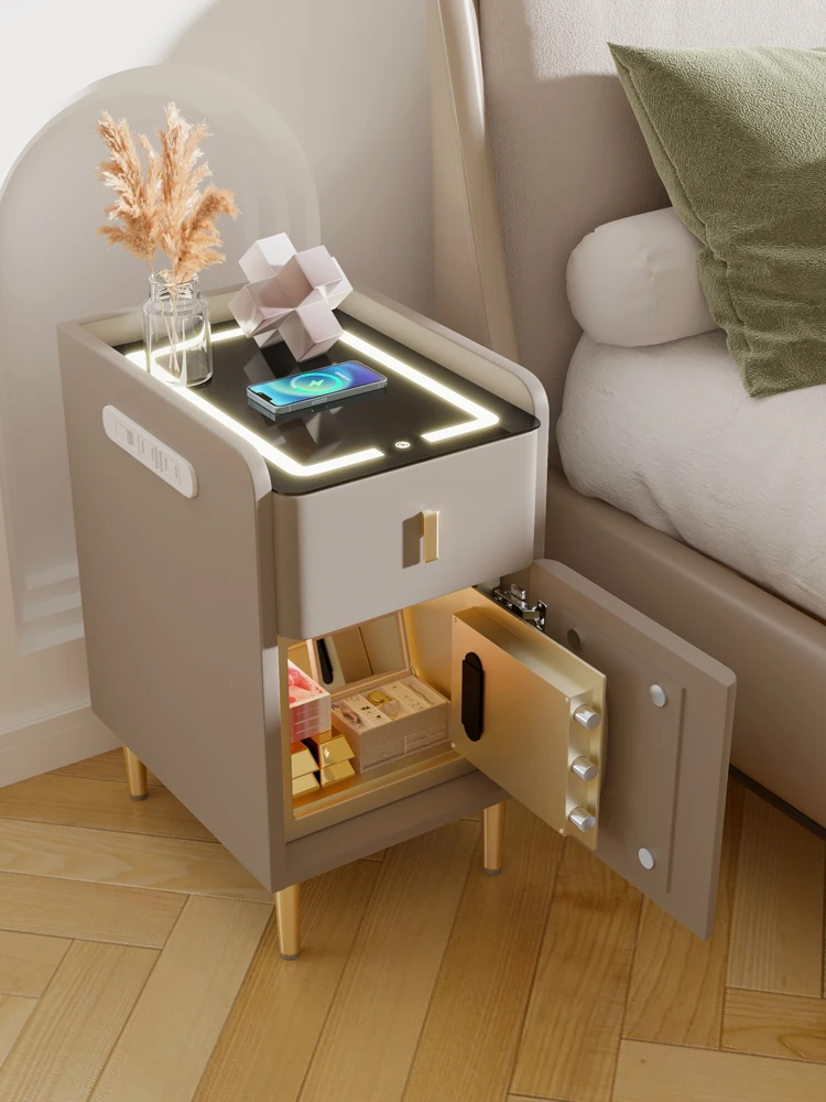 Ultra-narrow smart bedside table, safe with integrated small, wireless charging, multi-functional bedroom storage cabinet