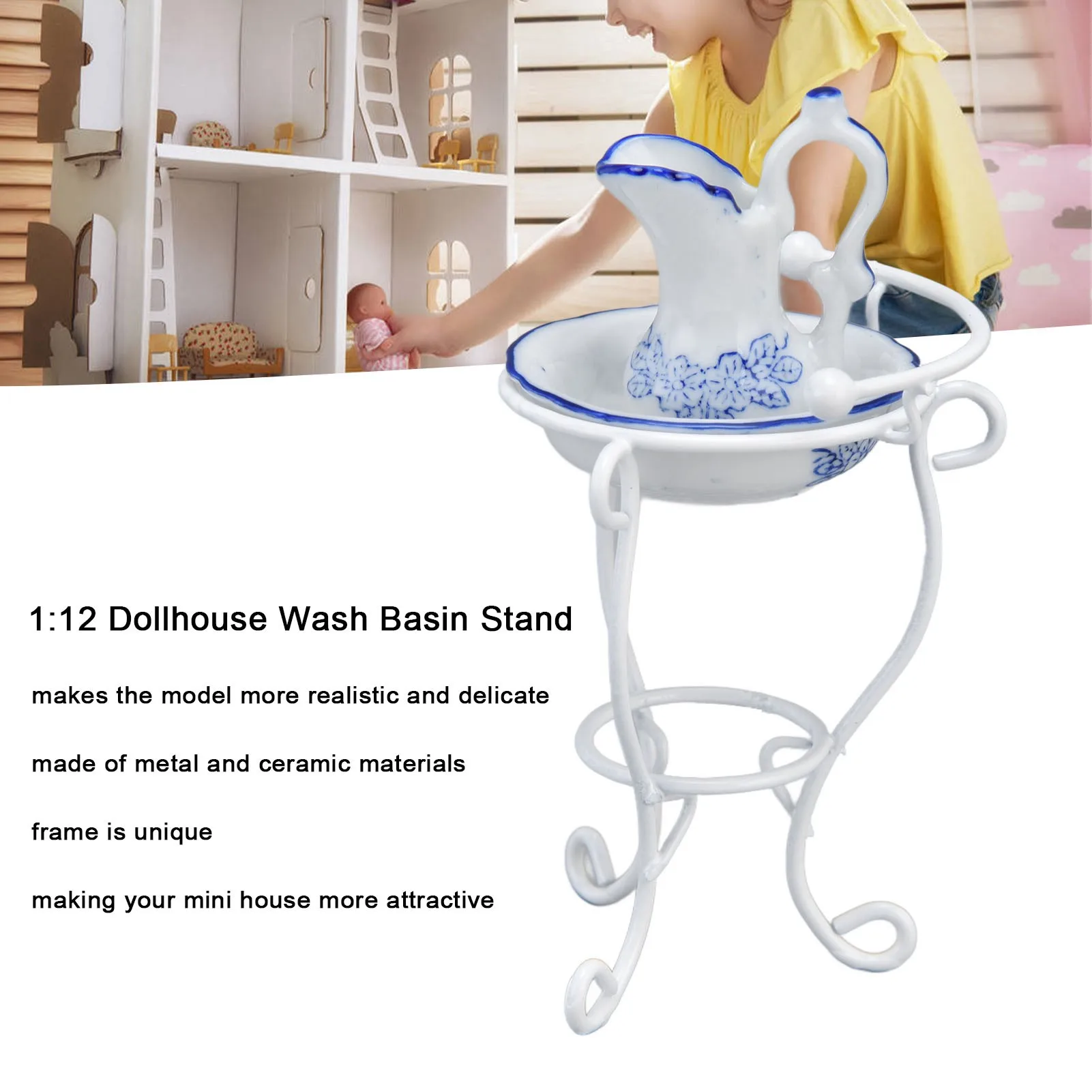 

ZK20 1:12 Dollhouse Washbasin Stand Kettle and Basin Realistic Exquisite Dollhouse Bathroom Accessories