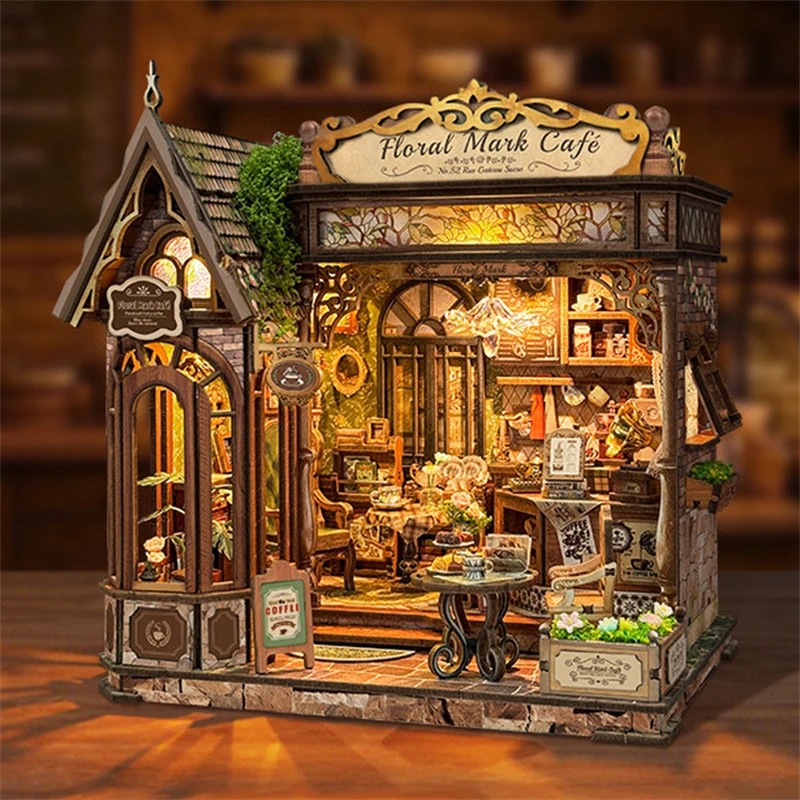 DIY Wooden Floral Mark Cafe Shop Figurines Miniatures Kits Assembled Houses Casa for Friends Birthday Gifts Home Decor Crafts view 2