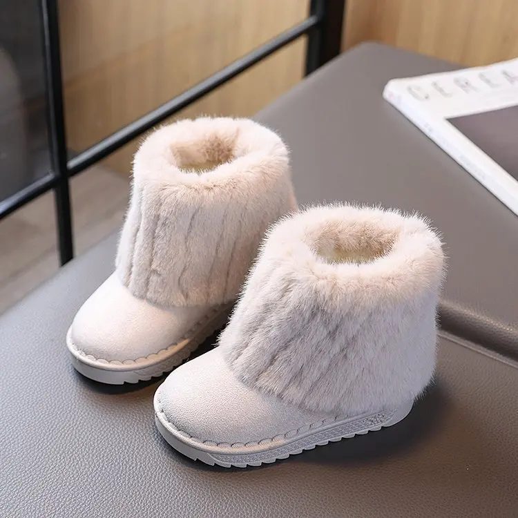 2026 Winter Classic Children Furry Snow Boots Beige Outdoor Girls Fashion Ankle Cotton Boots Warm Soft Kids Causal Ankle Boots