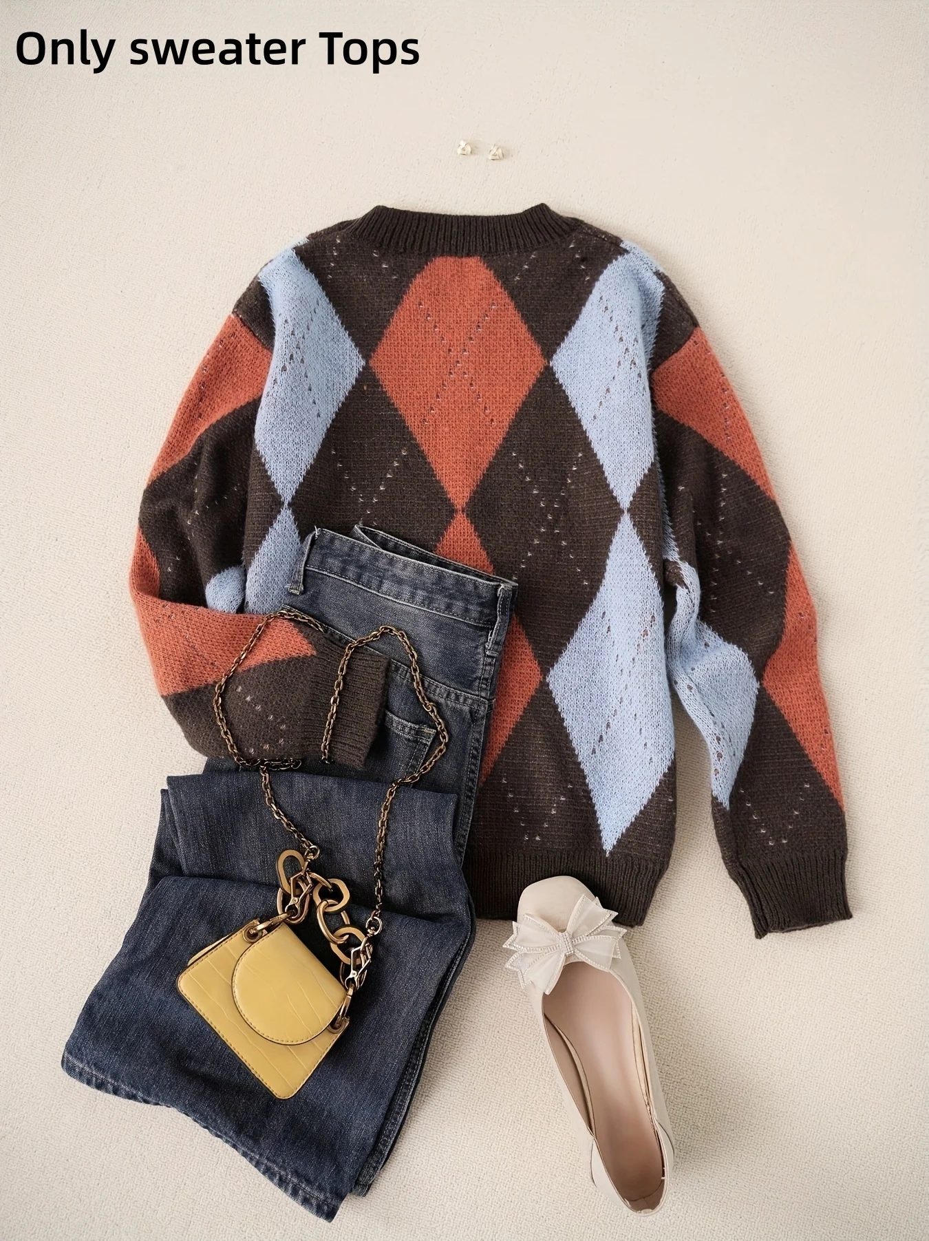 Classic diamond plaid contrast color pullover sweater, fashionable women's tops, popular wool soft knitting