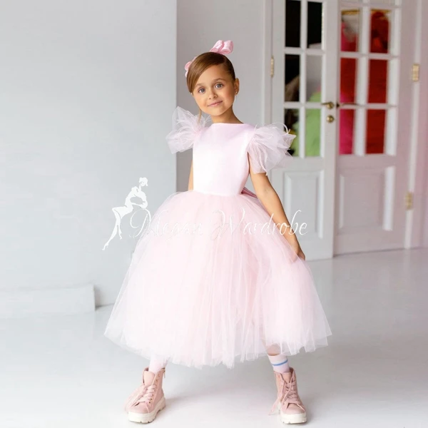 

Cutte Light Pink Long Tulle Dress For Girls Puffy Sleeve A-line Ankle Length Party Dresses With Feathers Formal Casual Dress