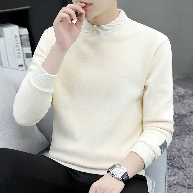 High Quality Men's Warm Fleece Sweatshirts Autumn Casual Long Sleeve Thick Undershirts Solid Grain Velvet Pullover Tops Clothing