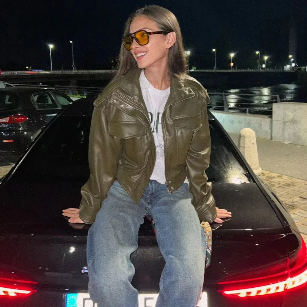 KONDALA 2025 Fall Winter Green Faux Leather Women Jackets Fashion Epaulet Zip Up Vintage Country Style Chic Ladies Jackets