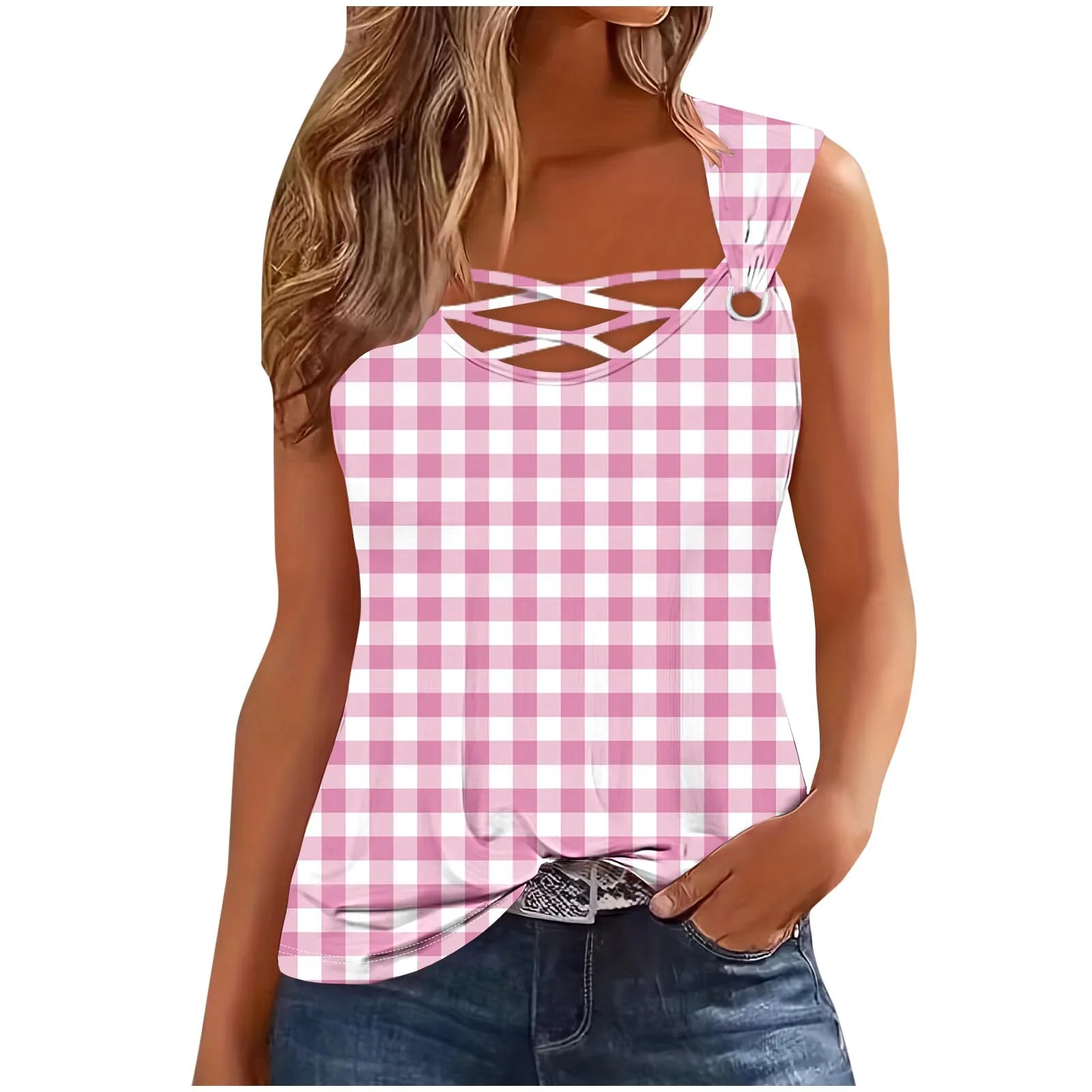 2024 Summer Sleeveless Dot T-shirt Casual Tshirt Women Tops Fashion Plaid Print Sexy Hollow Out T Shirt For Women Tank Top Femme