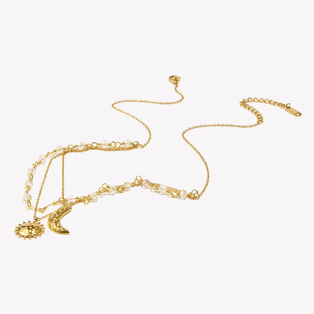 E.B.belle New Exquiste Three Layers Crystal Chain Hammered Moon Sun Pendant Necklaces Girls Waterproof Stainless Steel Jewelry
