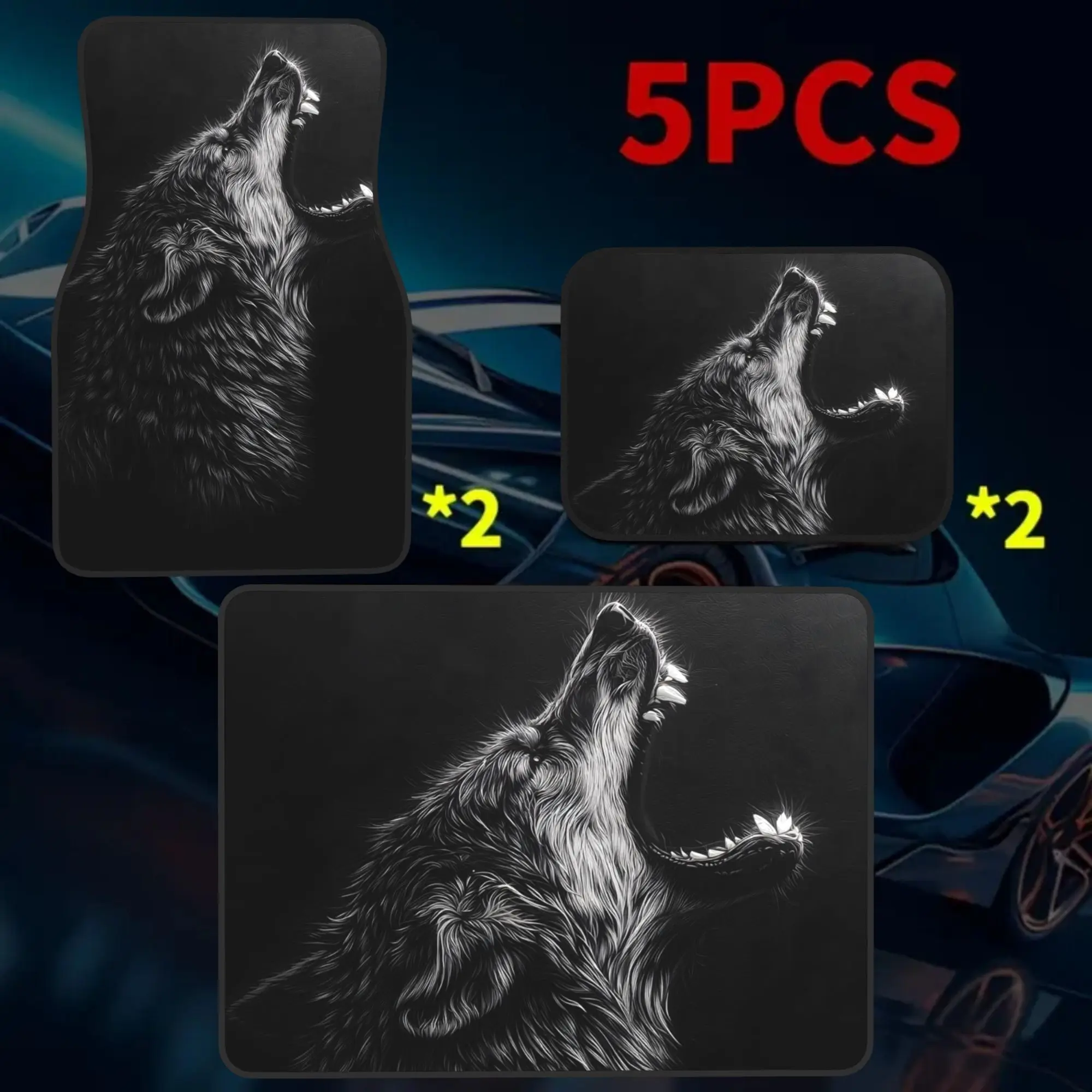5pcs Howling Wolf: Majestic Black And White Portrait Of A Wild Canine Universal Car Floor Mats And Trunk Mats, Suitable For All