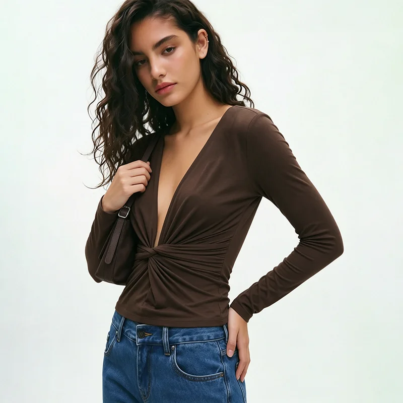 Sexy Knot Deep V Neck T Shirts Women Solid Color Slim Fit Backless Long Sleeve Tees Chic Fashion Female Base T-shirt Tops