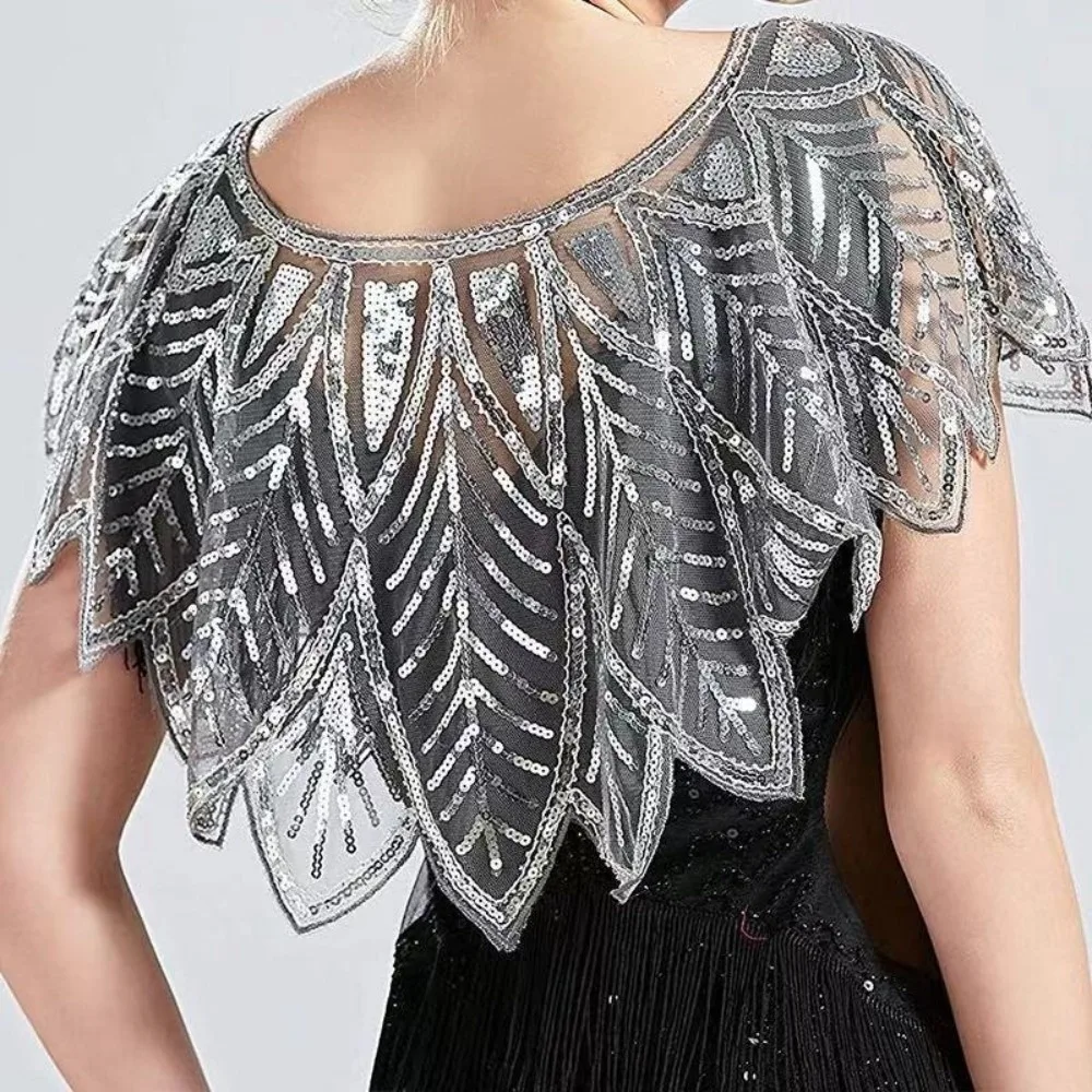 

Fashion Glitter Sequins Shawl Sparkling V-Neck Evening Cape Mesh Sleeveless Party Shawl Bridal
