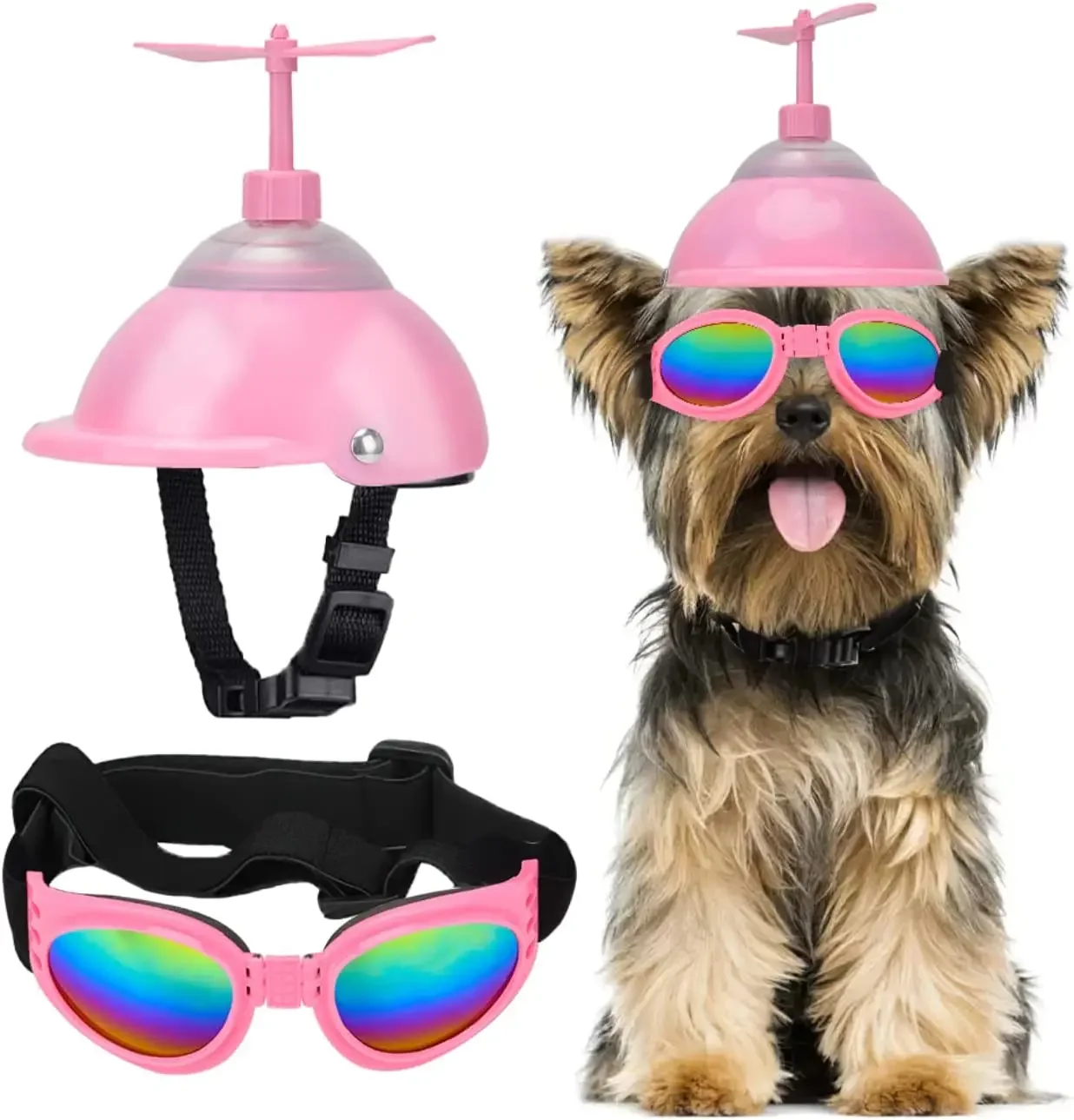 

ATUBAN Dog Helmet and Goggles Puppy Sunglasses UV Protection PET Helmet with Cute Propeller for Doggie Glasses Cycling Riding