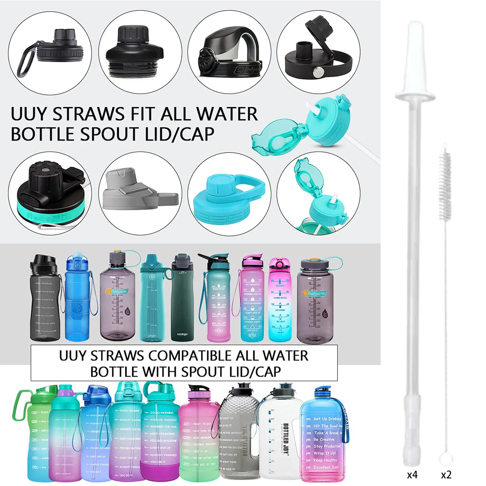 Water Bottle Straw Straws Replacement Reusable Straws For 1/Half Gallon Water Bottle With 2 Cleaning Brushes 4 Cuttable Straws