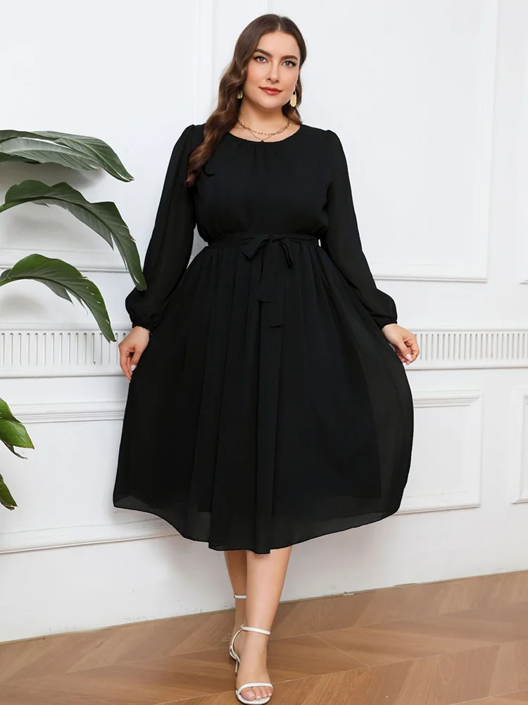 GIBSIE Plus Size Elegant O-Neck Belted Long Dress Women Spring Summer High Waist Chiffon Long Sleeve Female Solid A Line Dresses