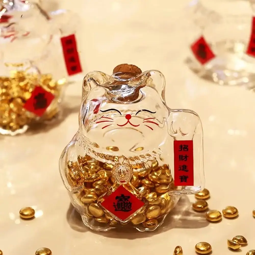 Cute Cat Shape Saving Jar Clear Glass Lucky Cat Lucky Cat Piggy Bank Decorative Gold Bean Container Gift Giving
