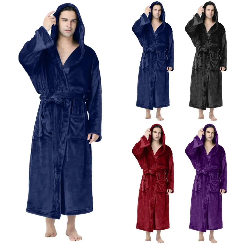 1Pc Long-sleeved Robe Cozy Plush Hooded Bathrobe Stylish Long Sleeve Nightgown Soft Warm Spa Robe Pajamas for Autumn Winter