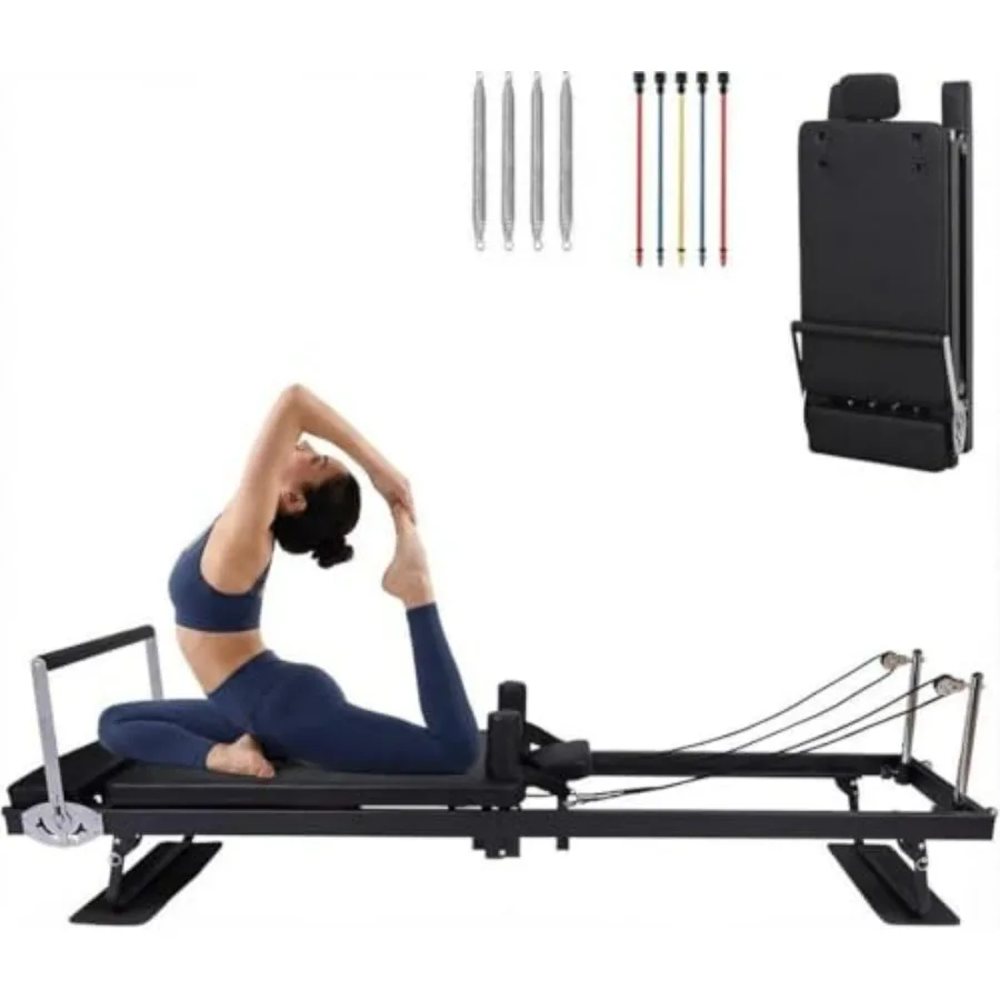 

Тренажер для пилатеса Reformer 91 дюйм для комплексных тренировок всего тела с двойными пружинами сопротивления и эластичными лентами, компактный дизайн для дома